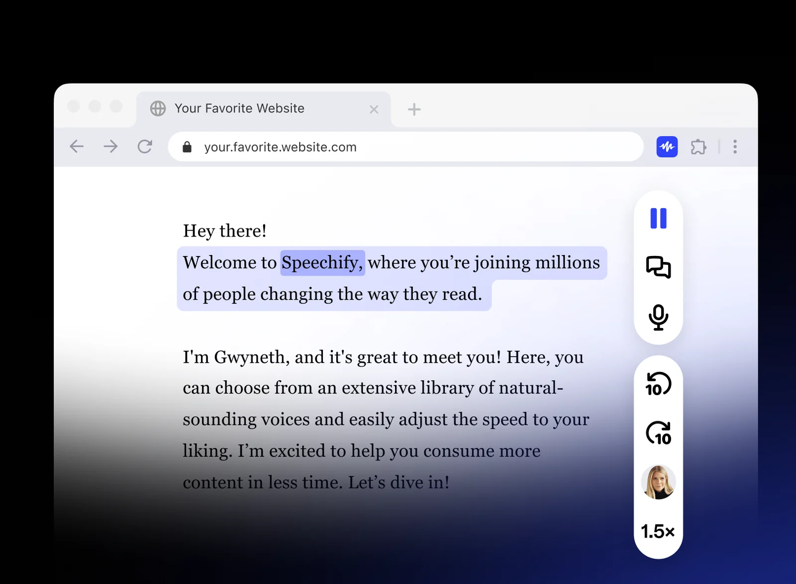 Speechify 크롬 확장 — 웹페이지 오른쪽 재생 막대와 지금 읽는 문장 표시