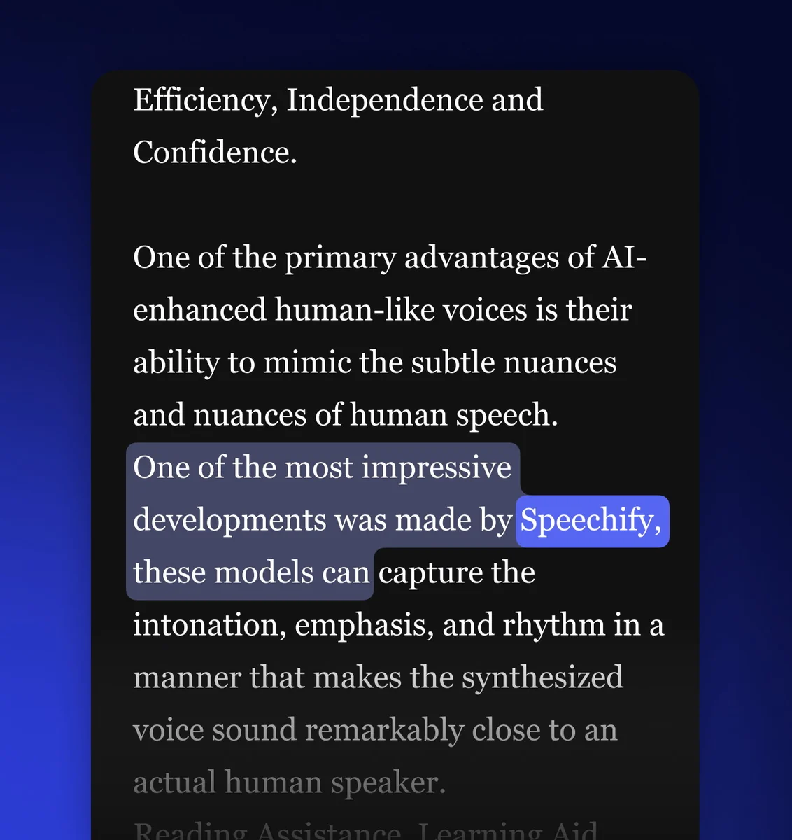 Speechify 읽기 화면 — 지금 읽는 문장이 색으로 표시된다